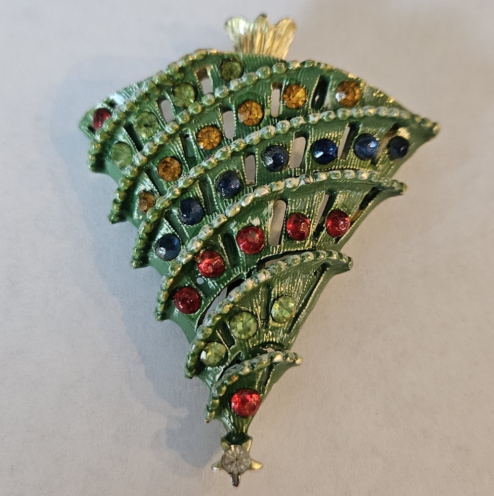 Christmas Tree Brooch Pin Enamel Rhinestones - Picture 4 of 9